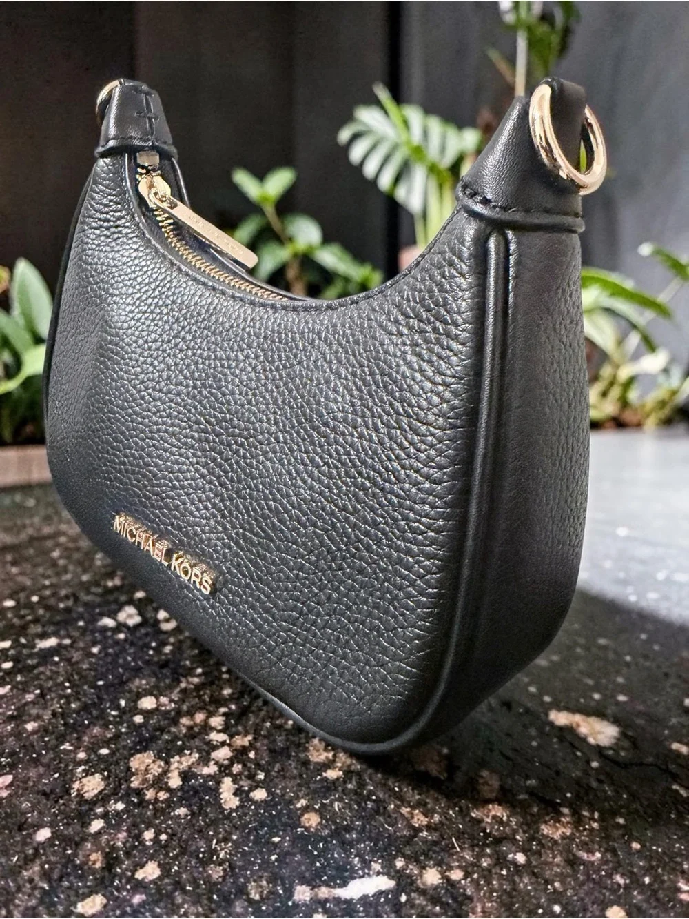 Michael Kors Black Pebbled Mini Crescent Shoulder Bag with Gold Hardware